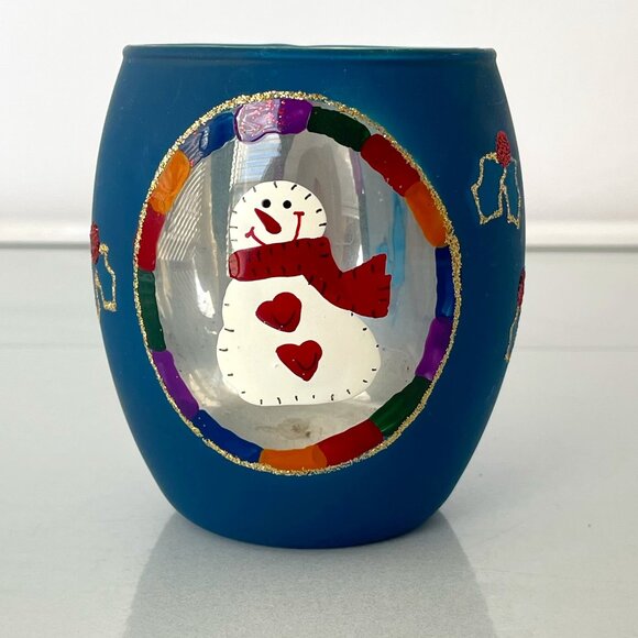 Blue Frosted Glass Votive Holder Snowman and Holly Design - Picture 1 of 7